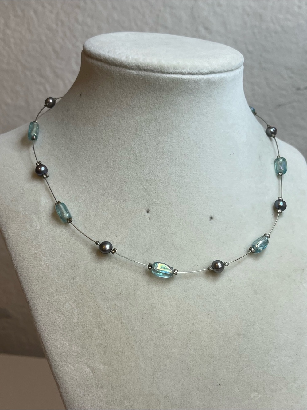 Blue collar with freshwater pearls glass and sterling 925 clasp
